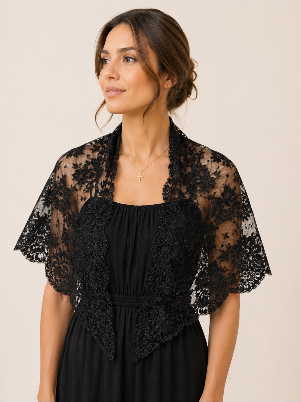 Black Sheer Floral Lace Capelet Scalloped Evening Bridal Cover Up